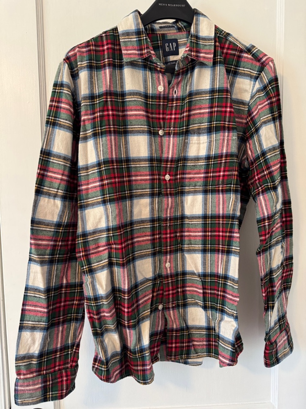 GAP Men's Off-white, Red & Green Plaid Button-Down Shirt